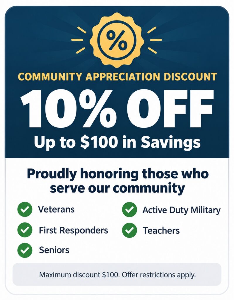 10% Off (up to $100) for First Responders, Teachers, Veterans, Active Duty, and Seniors